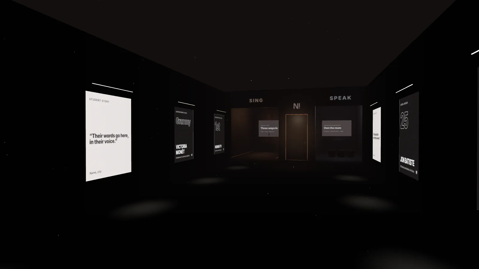 A hallway of lit billboards, each one a voice Nick has shaped
