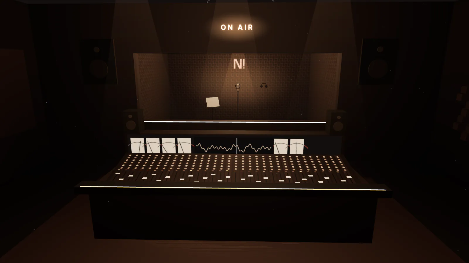 The console facing the lit vocal booth