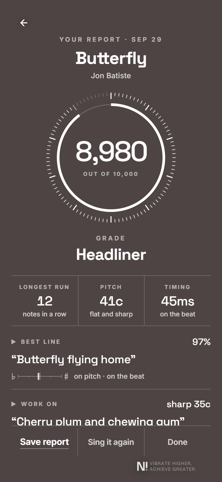 A Sing It report with a score of 8,980 and the grade Headliner